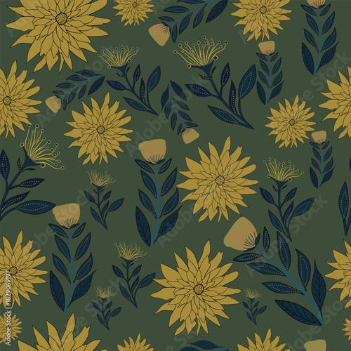 Seamless vibrant dark floral pattern featuring richly colored flowers contrasted against a deep, elegant background.