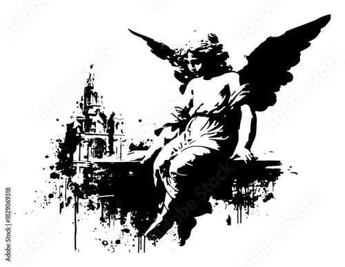 Gothic angel statue sitting with spread wings near church silhouette. Cemetery grunge distressed vector illustration.