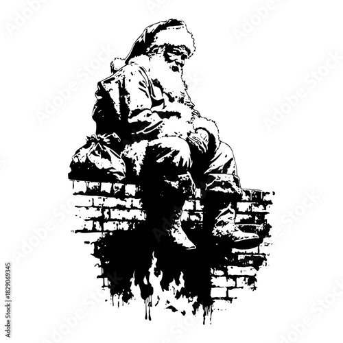 christmas santa claus sitting on brick chimney black and white grunge ink splatter vector illustration
