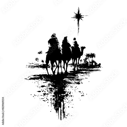 three wise men on camels following bethlehem star black and white grunge ink splatter nativity vector illustration