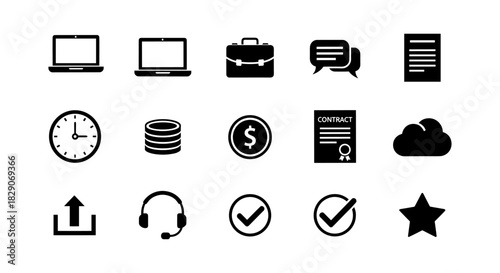 Business and technology icon set featuring communication and office symbols