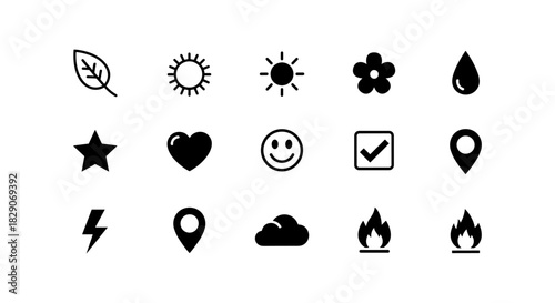 Simple black icon set featuring nature, weather, and everyday symbols