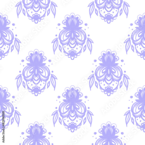 Elegant purple floral ornamental pattern on transparent background with soft hand-drawn style.