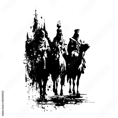 three wise men riding camels nativity scene black and white grunge ink splatter vector illustration