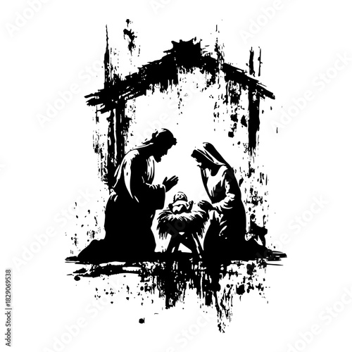 Holy Family Nativity Scene in Manger — Hand Drawn Black and White Vector Illustration