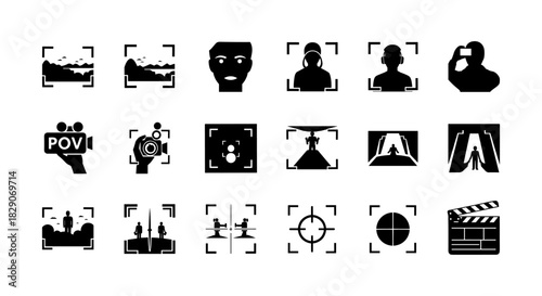 Silhouette camera icons: focus, frames, and camera perspectives collection