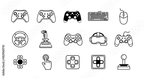 Gaming icons set: controllers, vr, and keyboard in linear style