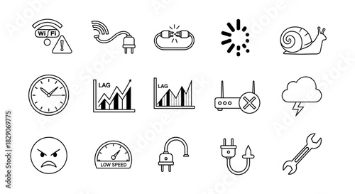 Network and connectivity issues icons: lag, wi-fi, snail speed, and more