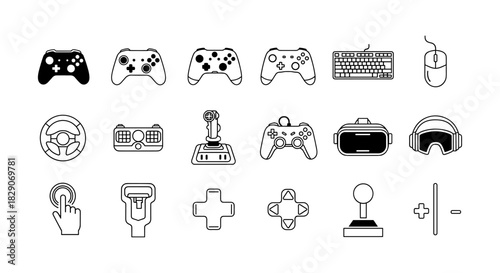 Minimalist gaming icons set: controllers, keyboards, mice, vr, and joysticks