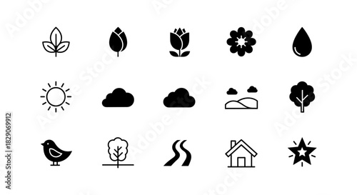 Nature and weather icon set in linear style for minimalist designs