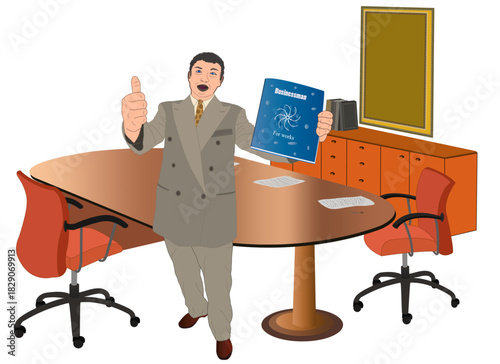 A businessman in an orange office, holding a blue folder. He is wearing a light brown suit..eps