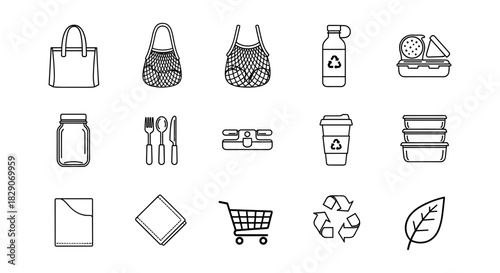 Eco-friendly lifestyle icons: reusable bags, containers, and recycling symbols