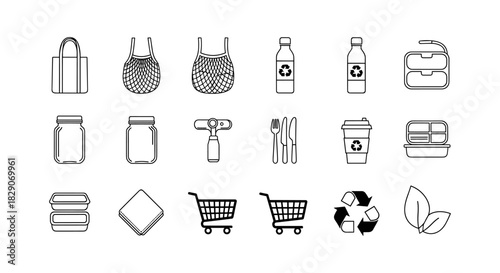 Eco-friendly shopping and dining icons set featuring minimalist linear design