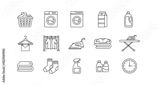 Essential laundry and cleaning icons in linear style