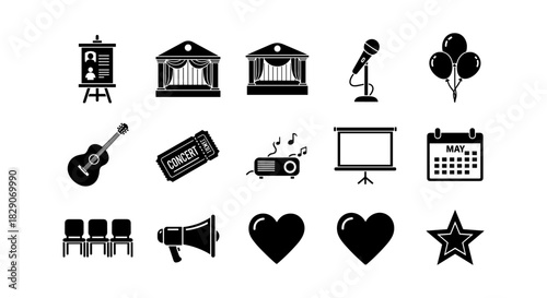 Silhouette icons of concerts, events, and music elements for event planning