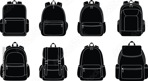 Black backpack silhouette collection, various styles, zipper pockets, flap closures, strap designs, travel gear icon set, vector illustration