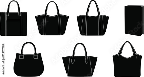 Black silhouette handbag and book set, tote, shoulder, satchel styles, fashion accessory icon collection, vector illustration, minimal design