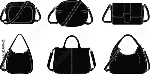 Black silhouette handbag collection, crossbody and shoulder styles, flap closures, buckle details, vector illustration, minimal fashion accessory design