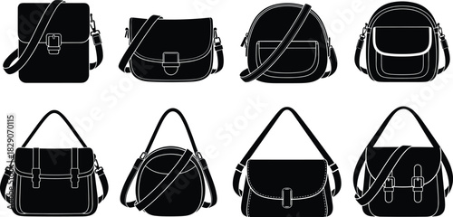 Black silhouette handbag collection, flap and handle styles, crossbody and structured designs, fashion accessory icon set, vector illustration, minimal
