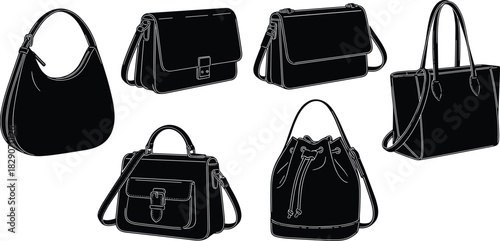 Black silhouette handbag collection, hobo, satchel, crossbody, tote, bucket styles, fashion accessory icon set, vector illustration, minimal design
