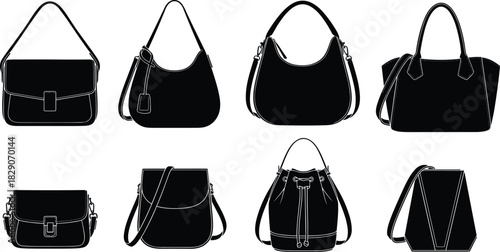 Black silhouette handbag collection, structured and casual styles, crossbody, bucket, satchel icon set, vector illustration, minimal design