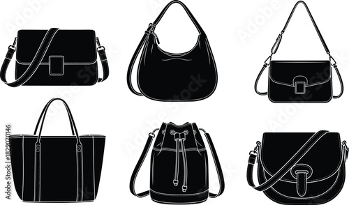 Black silhouette handbag collection, crossbody, hobo, tote, bucket, saddle styles, fashion accessory icon set, vector illustration, minimalBlack silhouette handbag collection, crossbody