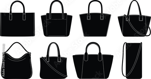 Black silhouette handbag collection, tote, shoulder, crossbody styles, fashion accessory icon set, vector illustration, minimal design, varied shapes