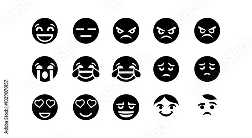 Minimalist black and white emoji faces: expressive silhouette icons collection