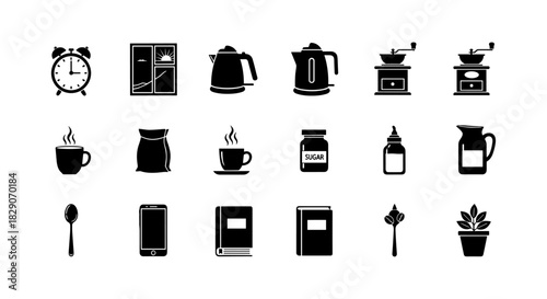 Silhouette icons of kitchen and home objects including clock, kettle, and more