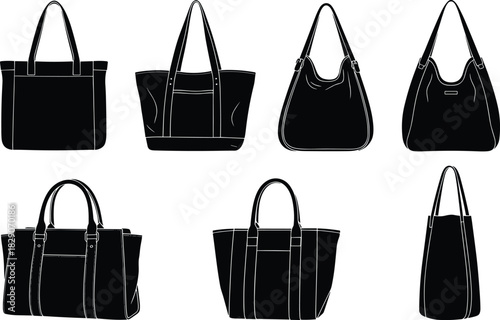 Black silhouette handbag collection, tote, shoulder, hobo styles, fashion accessory icon set, vector illustration, minimal design, varied shapes
