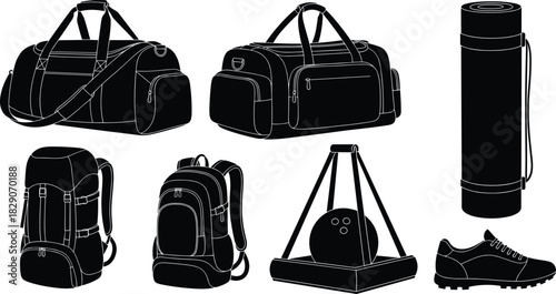 Black silhouette sports gear set, duffel, backpack, yoga mat, bowling ball, athletic shoe, travel bag vector illustration, minimal icons
