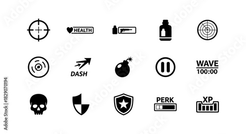 Gamer icon set: health, weapons, shields, and more in bold silhouette style