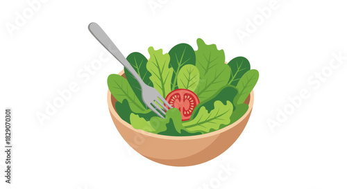 Fresh salad bowl with fork and tomato slice in flat design