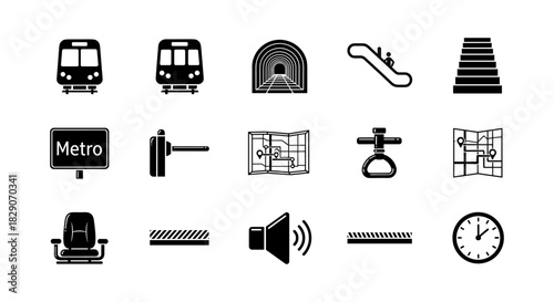 Transportation icons featuring trains, maps, and transit symbols in a minimalist silhouette style