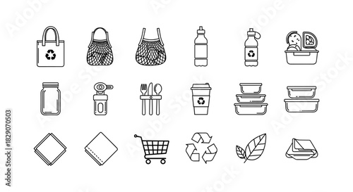 Eco-friendly lifestyle icon set: reusable bags, containers, and more in linear style