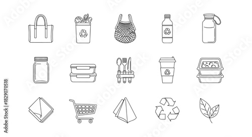 Eco-friendly lifestyle icons: reusable bags, containers, and recycling symbols