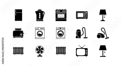 Household appliance silhouettes collection featuring kitchen and cleaning essentials