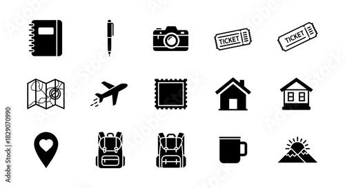 Travel essentials icons: passport, camera, backpack, and more in bold silhouette style