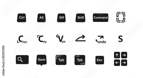 Keyboard shortcuts icons set with copy, paste, and navigation symbols in minimalist style