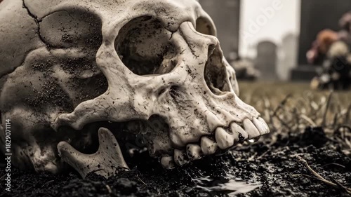 Close-up of a skull resting in the ground, symbolizing mortality and the inevitability of death
