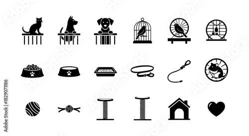 Pet care essentials icons: dogs, cats, birds, hamsters, toys, food, and accessories