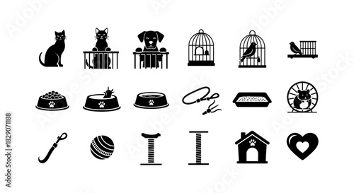 Comprehensive collection of pet care icons featuring cats, dogs, and birds in silhouette style