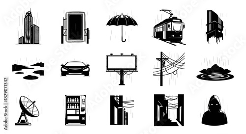 Urban silhouette elements with cityscape, transport, and technology icons