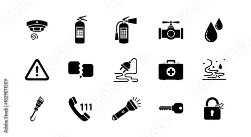Safety and security icons set: fire extinguisher, lock, surveillance, emergency symbols