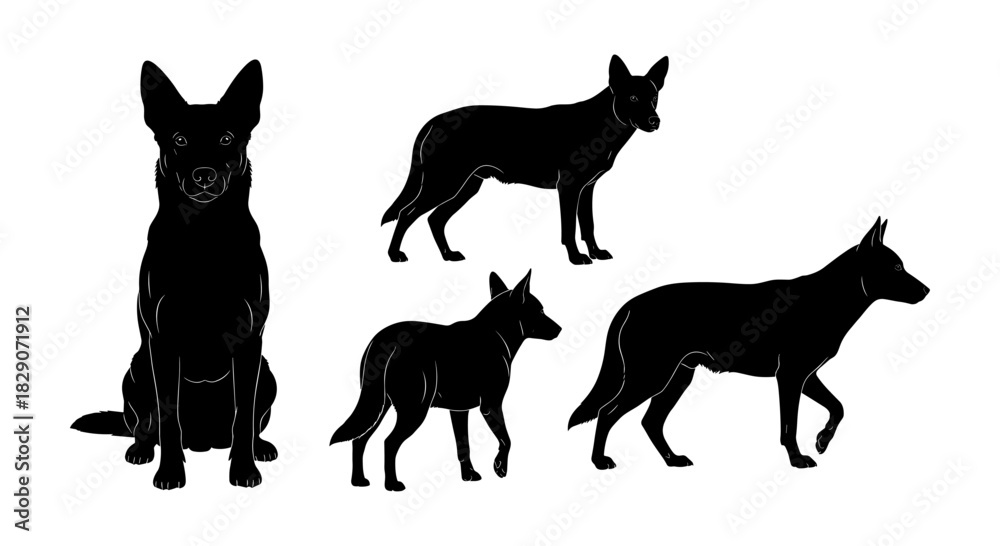 Fototapeta premium Silhouette collection of german shepherds in various poses