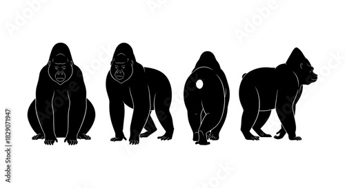Gorilla silhouette set with multiple poses on white background