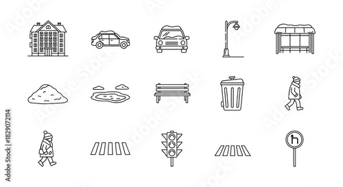 Urban life essentials linear style icons featuring transport, nature, and daily activities