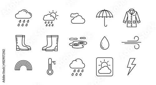 Weather and season linear icons featuring rain, clouds, umbrella, and clothing designs