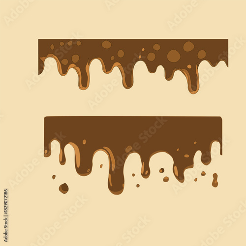 Melted chocolate dripping on white. Brown cocoa blend with milk tones. Smooth liquid drip texture.