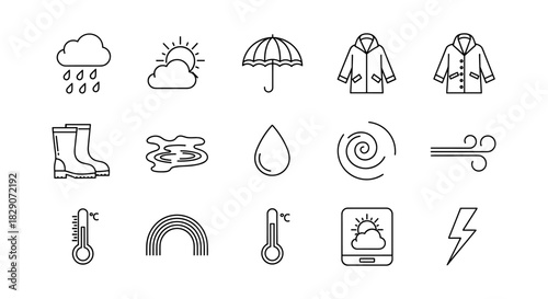 Weather icons set: line art symbols for forecast and climate conditions